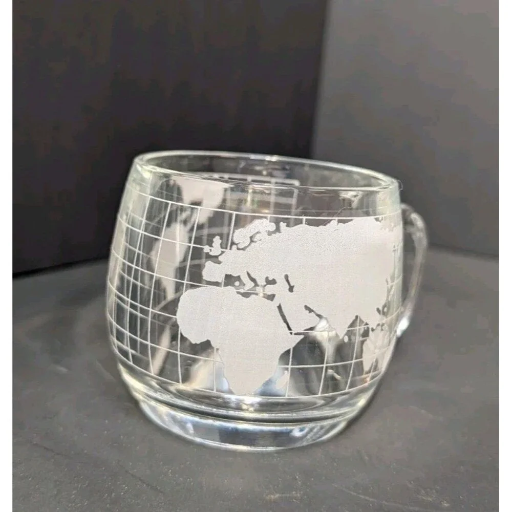 Vintage Nestle Clear Glass World Globe Coffee Mug Cup Etched Map 3